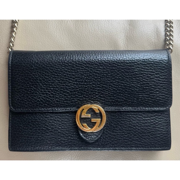 Authentic Gucci Dollar GG Interlocking Black Leather Chain Crossbody Clutch Bag - Picture 2 of 11